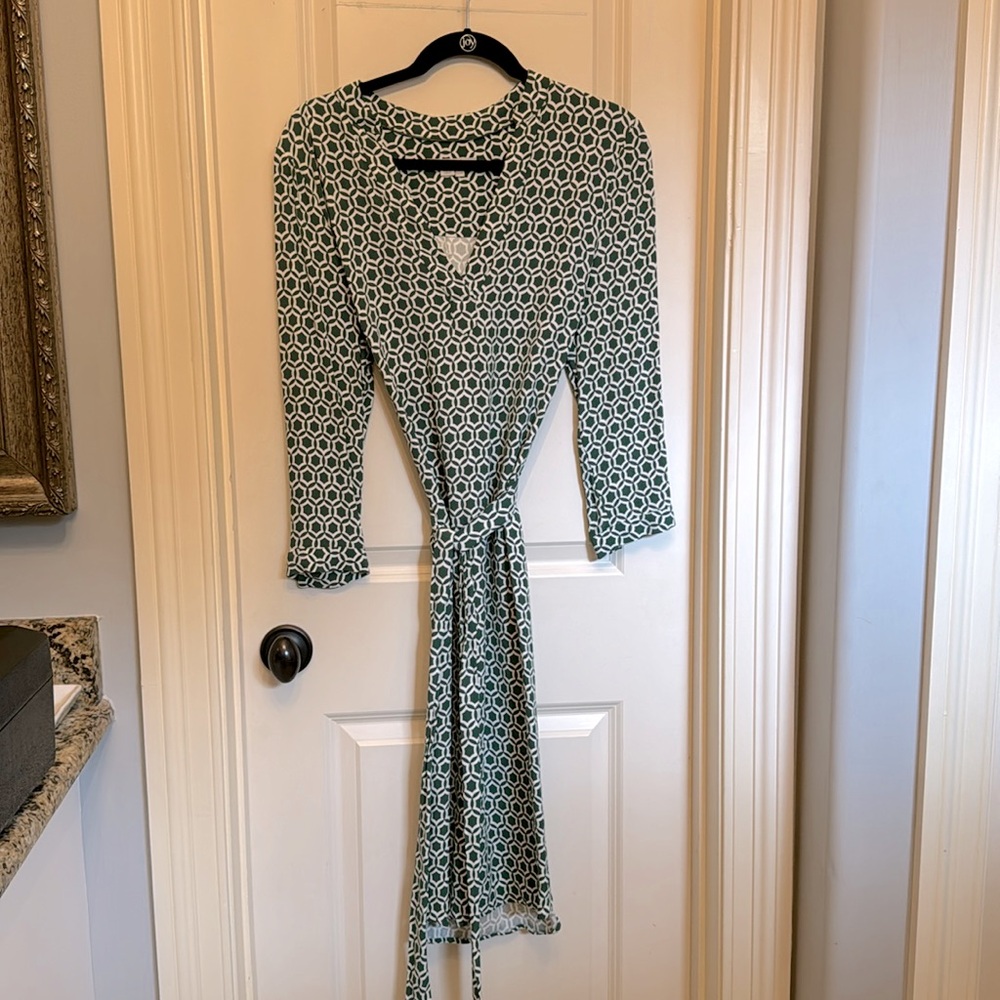 Boden Green White Geometric Wrap Dress — Long Sleeve